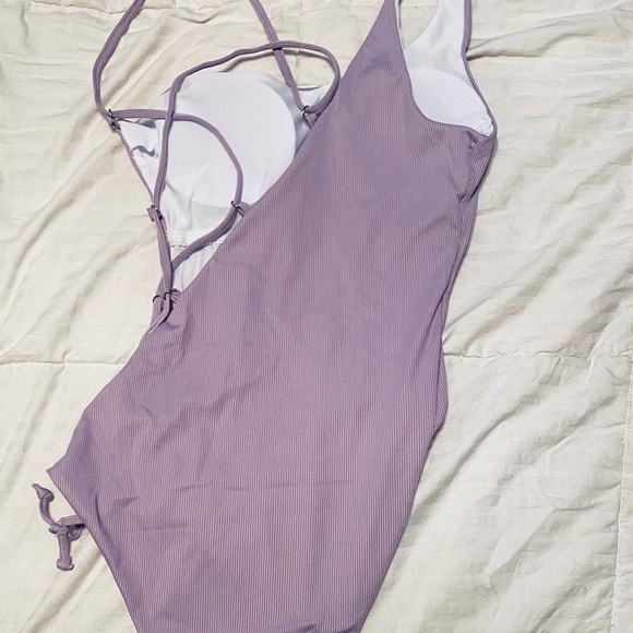 Rib Lace Up One Shoulder Swimsuit - Picture 2 of 6